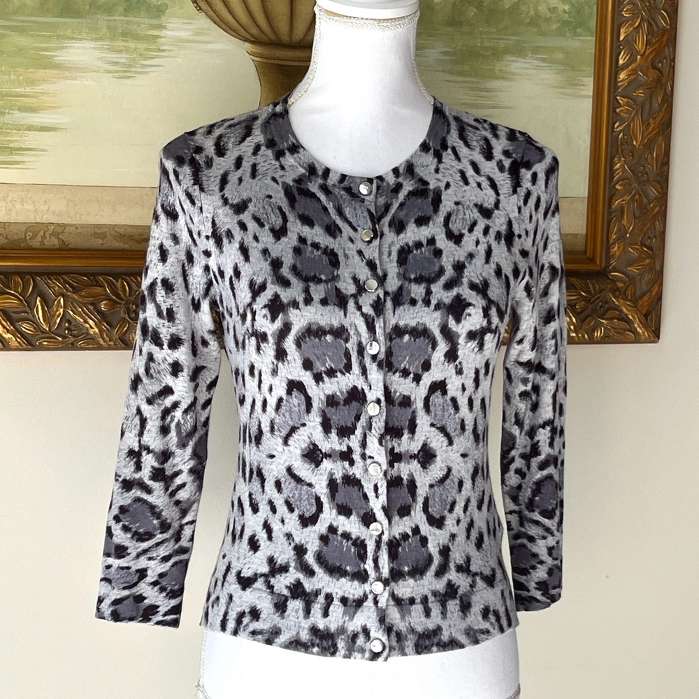 Karen Millen Grey Leopard Animal Print Knit Cardigan Sz M